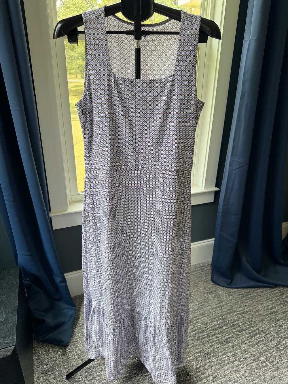 Lands' End Cotton Modal Square Neck Tiered Maxi Dress Size Medium Purple Geo